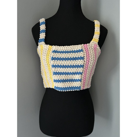 Zara Tops - Zara Multi Color Crochet Striped Knit Crop Top Medium Tank 100% Cotton Summer